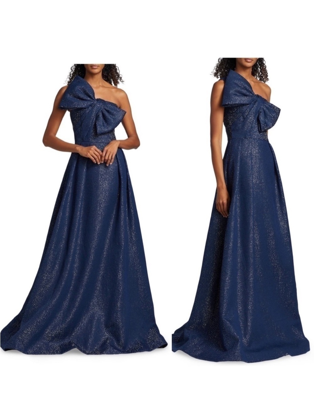 Teri Jon By Rickie Freeman Asymmetric Bow Metallic Sparkle Jacquard Maxi Gown